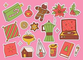 Merry Christmas and happy New Year stickers collection in 60s 70s retro style. Groovy winter holiday elements. Positive hippie xmas icons. Vintage home cozy things. Vector contous illustration