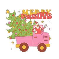Christmas retro groovy truck with Santa Claus character carrying Xmas tree spruce with decorative balls and garland. Vintage linear vector with text Merry Christmas.