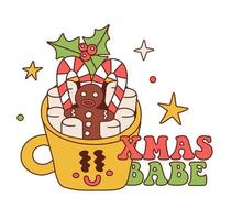 Cartoon Christmas isolated concept with mug of cocoa drink. Groovy hot chocolate cup character with candy cane, gingerbread cookie in 70s retro style. Christmas typography Xmas babe. Linear Vector