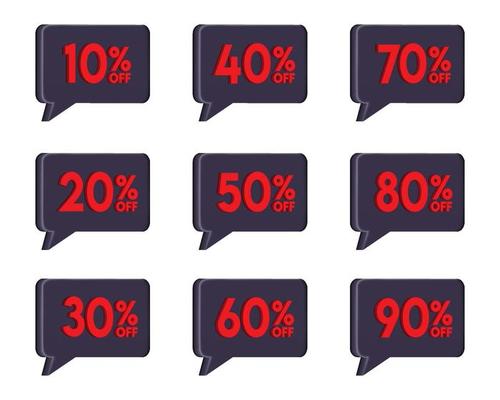 3D discount. Sale and discount labels. 3D Bubble speech discount labels set design. Black friday discount tags collection .Percent tag.