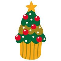 Christmas cupcake in the form of a Christmas tree. White background, isolate. Drawn style. Vector illustration.