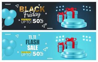 Black friday sale banner. Flash Sale special 11.11 Template Design for Advertising text, banner, presentation, promotion banner, social media campaign post. 3d podium and 3d gift box vector