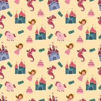 Seamless pattern with princess, castle, dragon and unicorn. Design for fabric, textile, wallpaper, packaging. vector