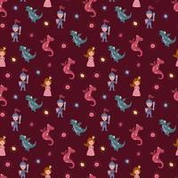 Seamless pattern with princess, knight and dragon. Design for fabric, textile, wallpaper, packaging. vector