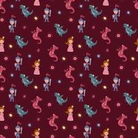 Seamless pattern with princess, knight and dragon. Design for fabric, textile, wallpaper, packaging. vector