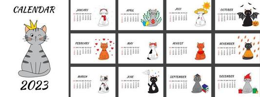 Year of the Cat. Wall calendar for 2023 with cute flat style cats. Different cats for each month. Set of 12 pages. Vector illustration.