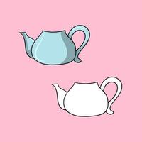 Set of images, round blue ceramic teapot for brewing tea, vector illustration in cartoon style on a colored background