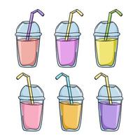 A set of colored icons, a fruit milkshake with a drinking tube in a plastic cup, a vector illustration in cartoon style on a white background