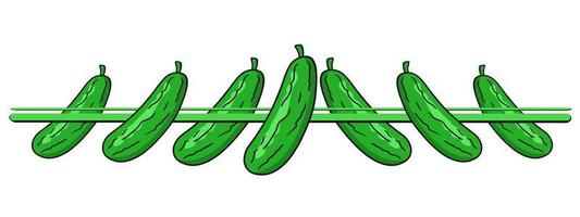 Horizontal border, edge, ripe juicy green cucumbers, vegetable collection, vector illustration in cartoon style