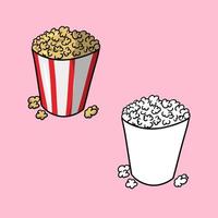 A set of images. Large paper cup with popcorn, vector illustration in cartoon style on a colored background