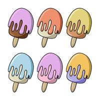 un conjunto de iconos de colores, helado ovalado, vertido con glaseado de frutas, chocolate, ilustración vectorial en estilo de dibujos animados sobre un fondo blanco