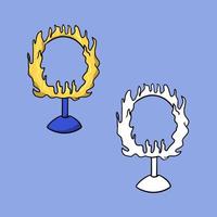 A set of images. Ring on a stand, fire ring for performing circus tricks, vector illustration in cartoon style on a colored background