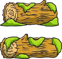 Vector brown log with green moss. Building wood material, natural element. Environment of forest. Set of cartoon illustration