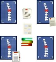 columna vertebral en la imagen de rayos x. los huesos de la espalda. conjunto de documento médico. un punto rojo de dolor. lesión de la columna vertebral. postura pobre. cuidado de la salud. vértebra blanca. ilustración plana caroon vector