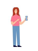 Young smiling woman holding mobile phone and showing screen phone. Vector stock illustration