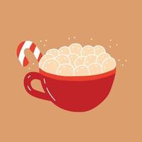 Christmas greeting card with hot chocolate red cup and candy cane. Vector flat style hot chocolate with marshmallow Christmas card