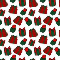 Christmas vector pattern. Gift boxes on white background. Winter seamless pattern. Different kinds of present boxes with ribbon and pompom.