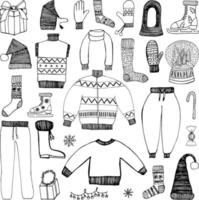 conjunto de ropa de invierno vectorial. diferentes tipos de ropa de invierno. parka, chaqueta, pantalones, botas, calcetines, mitones, guantes, gorro, sombreros, suéteres, bufanda. imágenes prediseñadas de navidad. vector