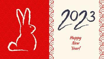 Vector caligraphy of 2023 and bunny like symbol new year. New year 2023. Hand drawing lettering with rabbit