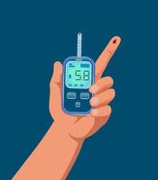 Glucose meter with a test strip in hand with blood drop on forefinger. Device for self monitoring of glucose level in blood, showing 5.8 result. Healthcare illustration for prints vector