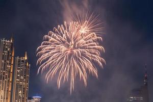fireworks celebration on the river in the dark sky photo