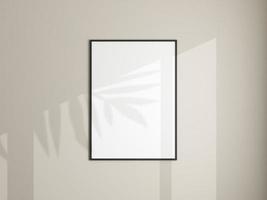 Photo frame mockup hanging on white wall. Minimalist background. Blank picture frame mockup in living room. Poster mockup. Clean, modern, minimal frame. 3d rendering.