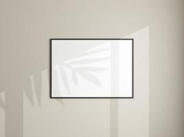 Photo frame mockup hanging on white wall. Minimalist background. Blank picture frame mockup in living room. Poster mockup. Clean, modern, minimal frame. 3d rendering.