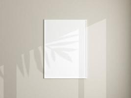 Photo frame mockup hanging on white wall. Minimalist background. Blank picture frame mockup in living room. Poster mockup. Clean, modern, minimal frame. 3d rendering.