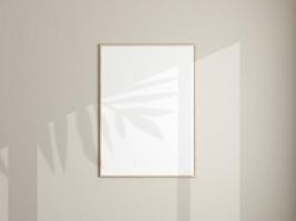 Photo frame mockup hanging on white wall. Minimalist background. Blank picture frame mockup in living room. Poster mockup. Clean, modern, minimal frame. 3d rendering.