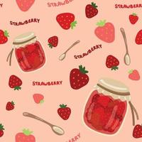 Strawberry jam jars, dessert spoons and strawberry berries seamless pattern. Hand drawn vector illustration. Suitable for web background, gift paper, fabric or textile.