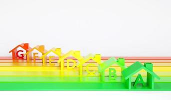 house icon shows the color scale on white background. certification home energy efficiency class. improvement eco house, home efficiency rating low power to save money. 3D rendering illustration photo