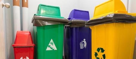 cubo de basura colorido, cubo rojo, verde, azul y amarillo para residuos peligrosos, biodegradables, generales y reciclables. gestión de reciclaje, segregación de residuos, concepto de basura y basura foto