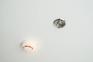 Fire Sprinkler and Smoke sensor detector mounted on roof in home or apartment. Safety and conflagration security concept photo