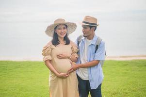 Couple man women travel  family on resort beach photo