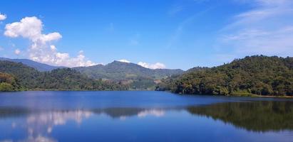 Landscape view of white cloud, blue sky and green mountain background with reflection on lake or river at Huai Bon reservoir Chiang Mai, Thailand. Natural wallpaper and Beauty of nature and copy space photo