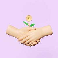 3d handshake icon with tree money icon for bank isolated on pink background. business growth, business partners concept, minimal abstract, 3d render illustration photo