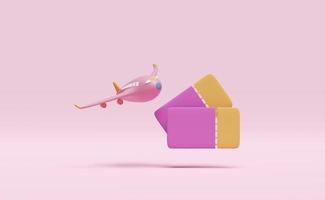 3d airplane ticket booking, summer travel service, planning traveler's tourism isolated on pink background. 3d render illustration photo