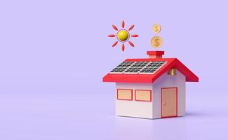 Casa moderna roja 3d con paneles solares, fotovoltaica, sol, monedas flotantes aisladas en fondo morado. energía solar, electricidad gratuita, concepto de energía renovable, ilustración 3d foto