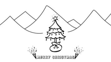 vector de navidad dibujado a mano creado con árbol de navidad y montaña. Feliz Navidad
