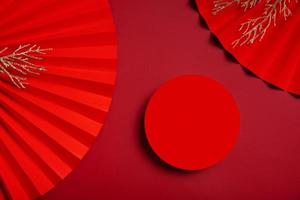 Mock up podium round stage or pedestal and paper fans Chinese new year symbol top view photo