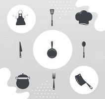 nine kitchen utensils icons vector