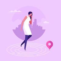 Thoughtful woman standing in maze and searching for exit. Concept of problem solving, business thinking, finding solution, strategic decision making, flat vector illustration