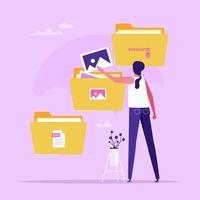 Woman carrying documents and media content. Concept of file management, keeping in order electronic information, business data organization and storage, digital archive, flat vector illustration
