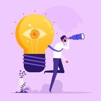 Businessman with binoculars and glowing lightbulb with open eye. Concept of inspiring creative idea, insight or breakthrough, business vision, discovery of innovative technology vector
