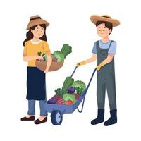 farmers with vegetables in wheelbarrow vector