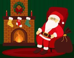Santa Claus Resting Near Fireplace Christmas Cozy Vector Illustration In Flat Style