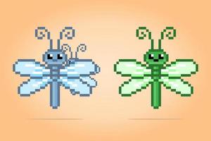 Pixel 8 bit dragonfly. Animal pixels for game assets in vector illustration.