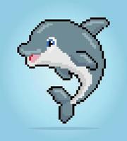 8 bit pixel dolphins. Animals for asset games in vector illustrations. Cross Stitch pattern.