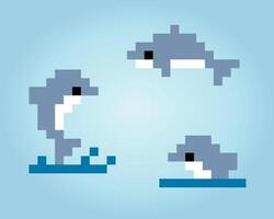 Delfines de píxeles de 8 bits. animales para juegos de activos en ilustraciones vectoriales. patrón de punto de cruz. vector