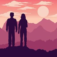 lovers couple silhouette in pink landscape vector